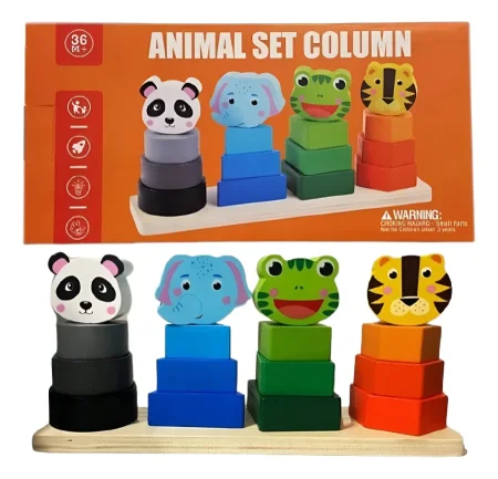 Wooden Animal Stacking Toy" أو "Animal Set Column".